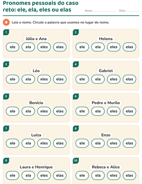 Pré-visualização da ficha de Pronomes pessoais do caso reto para 1º ano do ensino fundamental