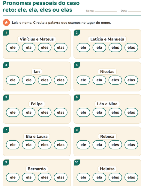Pré-visualização da ficha de Pronomes pessoais do caso reto para 1º ano do ensino fundamental