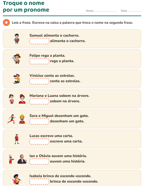 Pré-visualização da ficha de Pronomes pessoais do caso reto para 1º ano do ensino fundamental