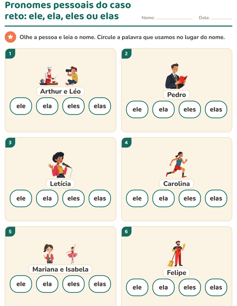 Pré-visualização da ficha de Pronomes pessoais do caso reto para 1º ano do ensino fundamental