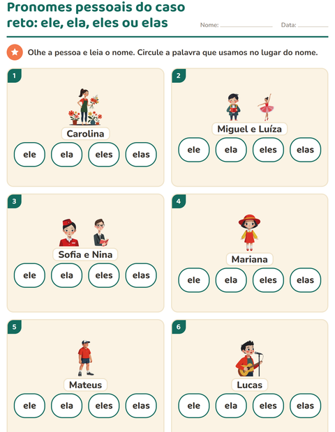 Pré-visualização da ficha de Pronomes pessoais do caso reto para 1º ano do ensino fundamental