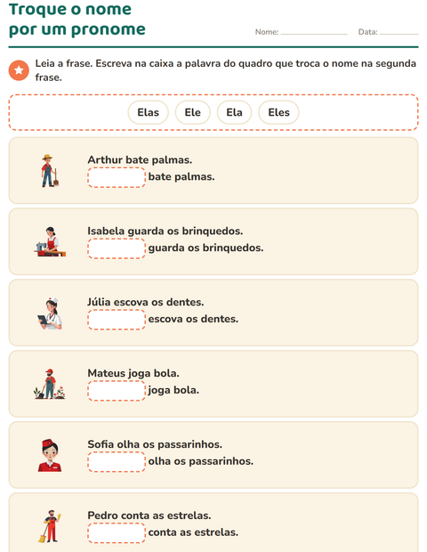 Pré-visualização da ficha de Pronomes pessoais do caso reto para 1º ano do ensino fundamental