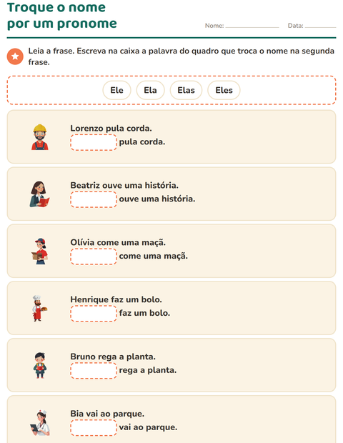 Pré-visualização da ficha de Pronomes pessoais do caso reto para 1º ano do ensino fundamental