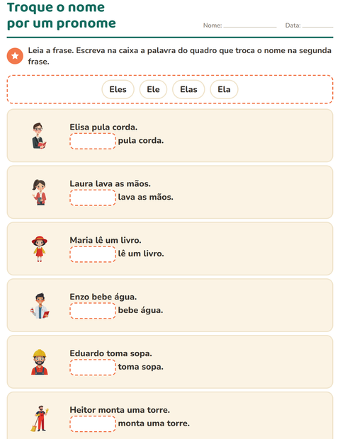 Pré-visualização da ficha de Pronomes pessoais do caso reto para 1º ano do ensino fundamental