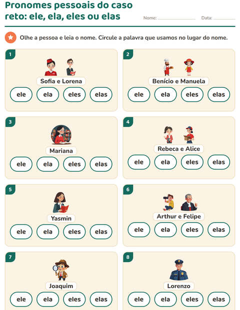 Pré-visualização da ficha de Pronomes pessoais do caso reto para 1º ano do ensino fundamental