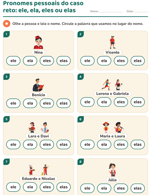 Pré-visualização da ficha de Pronomes pessoais do caso reto para 1º ano do ensino fundamental