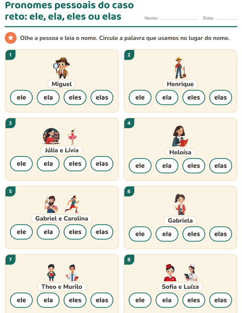 Pré-visualização da ficha de Pronomes pessoais do caso reto para 1º ano do ensino fundamental