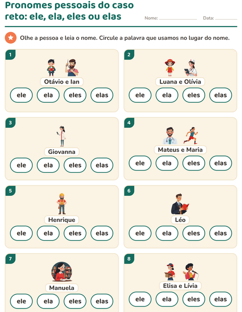 Pré-visualização da ficha de Pronomes pessoais do caso reto para 1º ano do ensino fundamental