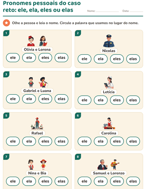 Pré-visualização da ficha de Pronomes pessoais do caso reto para 1º ano do ensino fundamental