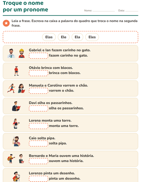 Pré-visualização da ficha de Pronomes pessoais do caso reto para 1º ano do ensino fundamental