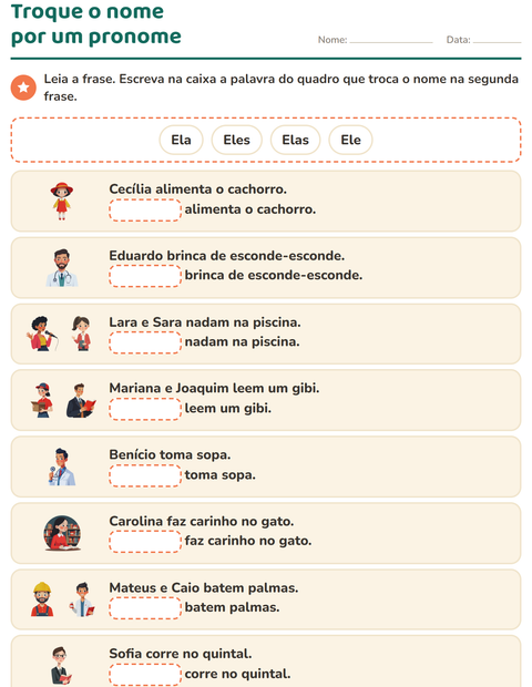 Pré-visualização da ficha de Pronomes pessoais do caso reto para 1º ano do ensino fundamental