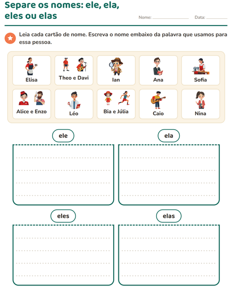Separe os nomes nas colunas: ele, ela, eles ou elas
