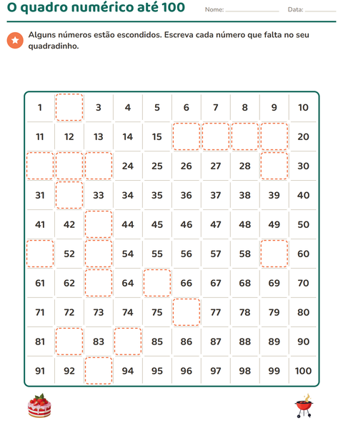 Pré-visualização da ficha de Quadro numérico com 4 de Julho para 1º ano do ensino fundamental