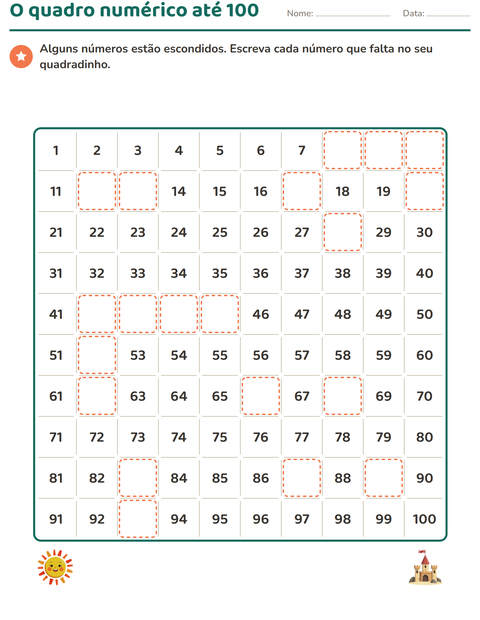 Pré-visualização da ficha de Quadro numérico com Praia para 1º ano do ensino fundamental