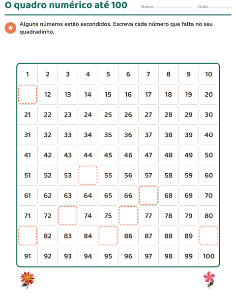 Pré-visualização da ficha de Quadro numérico com Flores para 1º ano do ensino fundamental
