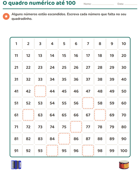 Pré-visualização da ficha de Quadro numérico com Música para 1º ano do ensino fundamental