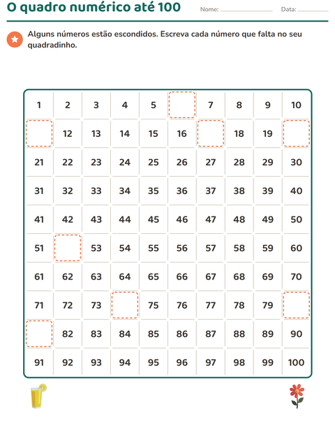 Pré-visualização da ficha de Quadro numérico com Verão para 1º ano do ensino fundamental