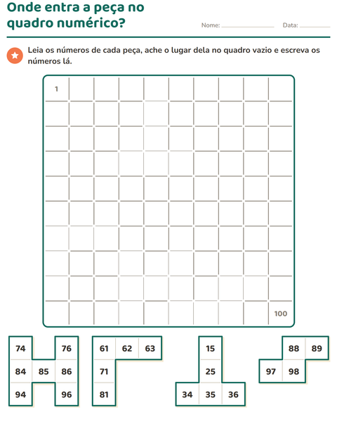 Pré-visualização da ficha de Peças do quadro numérico para 1º ano do ensino fundamental