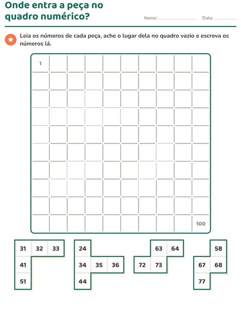 Pré-visualização da ficha de Peças do quadro numérico para 1º ano do ensino fundamental