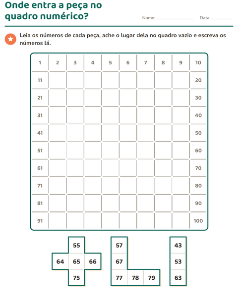 Pré-visualização da ficha de Peças do quadro numérico para 1º ano do ensino fundamental