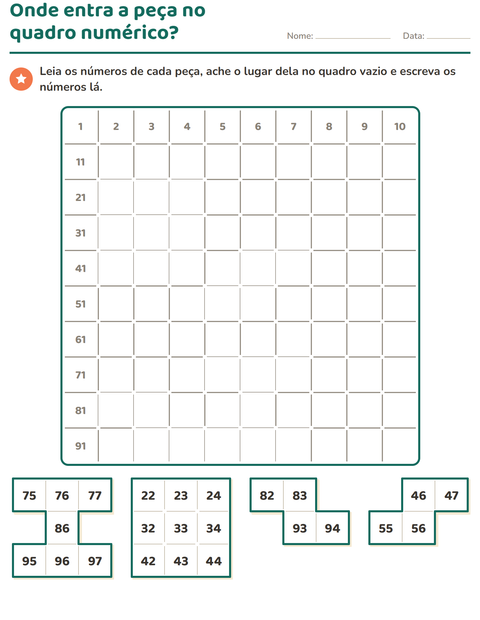 Pré-visualização da ficha de Peças do quadro numérico para 1º ano do ensino fundamental