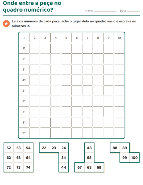 Pré-visualização da ficha de Peças do quadro numérico para 1º ano do ensino fundamental