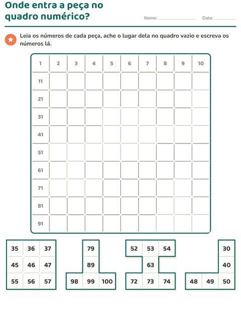 Pré-visualização da ficha de Peças do quadro numérico para 1º ano do ensino fundamental