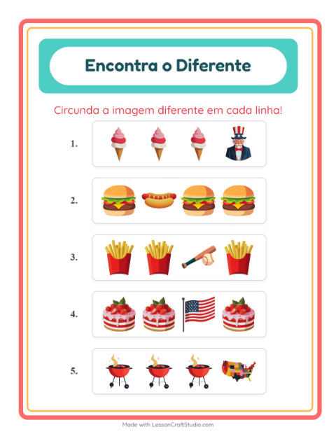 Pré-visualização da ficha de Qual É Diferente com 4 de Julho para Educação infantil (pré-escola, 5-7 anos)