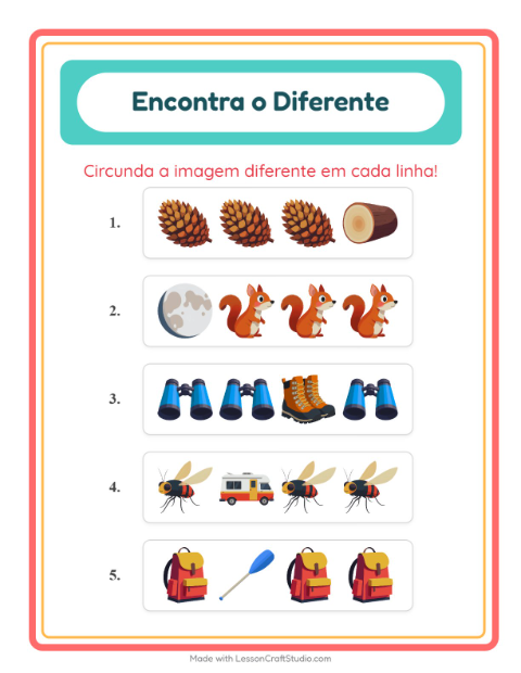 Pré-visualização da ficha de Qual É Diferente com Acampamento para Educação infantil (pré-escola, 5-7 anos)