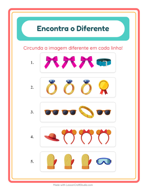 Pré-visualização da ficha de Qual É Diferente com Acessórios para Educação infantil (pré-escola, 5-7 anos)