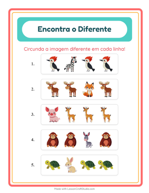 Pré-visualização da ficha de Qual É Diferente com Animais para Educação infantil (pré-escola, 5-7 anos)