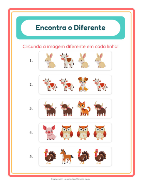 Pré-visualização da ficha de Qual É Diferente com Animais da fazenda para Educação infantil (pré-escola, 5-7 anos)