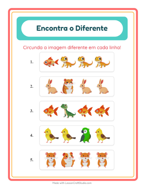 Pré-visualização da ficha de Qual É Diferente com Animais de estimação para Educação infantil (pré-escola, 5-7 anos)