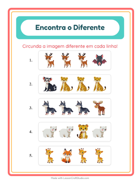 Pré-visualização da ficha de Qual É Diferente com Animais do zoológico para Educação infantil (pré-escola, 5-7 anos)