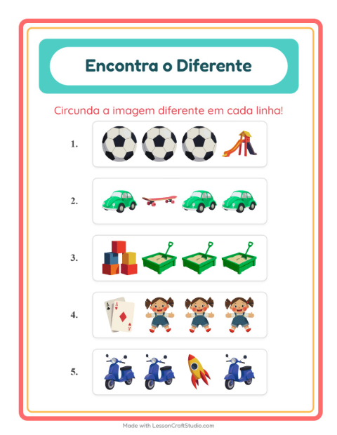 Pré-visualização da ficha de Qual É Diferente com Brinquedos para Educação infantil (pré-escola, 5-7 anos)