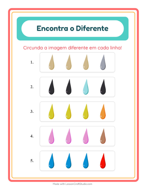 Pré-visualização da ficha de Qual É Diferente com Cores para Educação infantil (pré-escola, 5-7 anos)