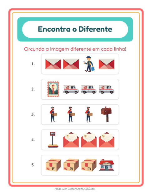 Pré-visualização da ficha de Qual É Diferente com Correios para Educação infantil (pré-escola, 5-7 anos)