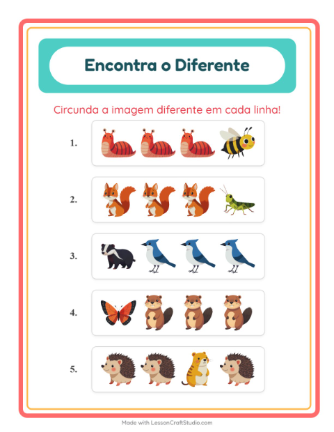 Pré-visualização da ficha de Qual É Diferente com Criaturas da floresta para Educação infantil (pré-escola, 5-7 anos)