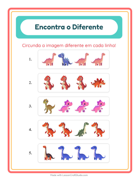 Pré-visualização da ficha de Qual É Diferente com Dinossauros para Educação infantil (pré-escola, 5-7 anos)