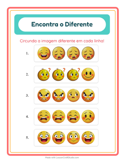Pré-visualização da ficha de Qual É Diferente com Emoções para Educação infantil (pré-escola, 5-7 anos)