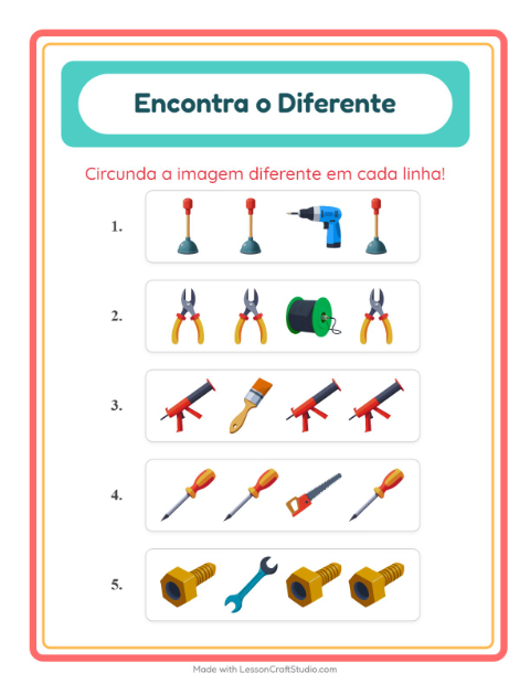 Pré-visualização da ficha de Qual É Diferente com Ferramentas para Educação infantil (pré-escola, 5-7 anos)