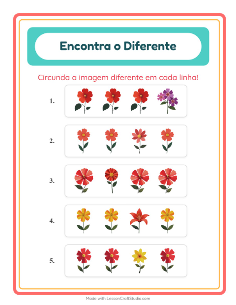 Pré-visualização da ficha de Qual É Diferente com Flores para Educação infantil (pré-escola, 5-7 anos)