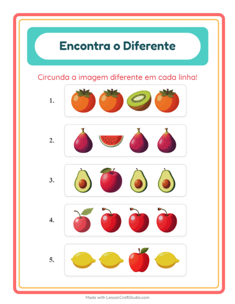 Pré-visualização da ficha de Qual É Diferente com Frutas para Educação infantil (pré-escola, 5-7 anos)