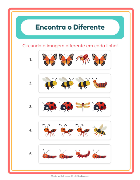Pré-visualização da ficha de Qual É Diferente com Insetos e bichos para Educação infantil (pré-escola, 5-7 anos)