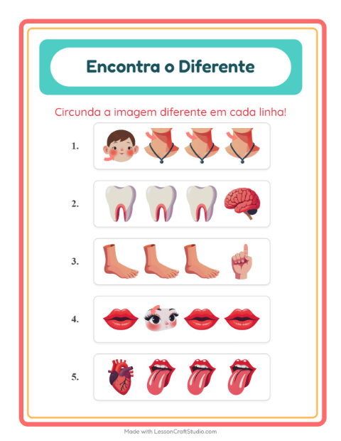 Pré-visualização da ficha de Qual É Diferente com Partes do corpo para Educação infantil (pré-escola, 5-7 anos)