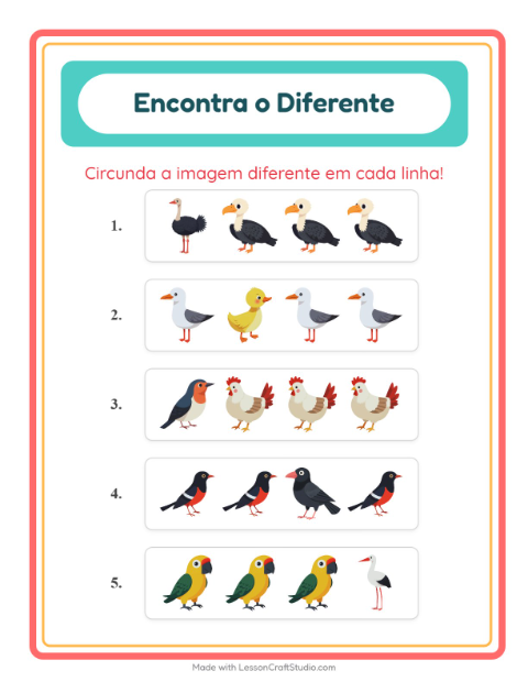 Pré-visualização da ficha de Qual É Diferente com Pássaros 2 para Educação infantil (pré-escola, 5-7 anos)