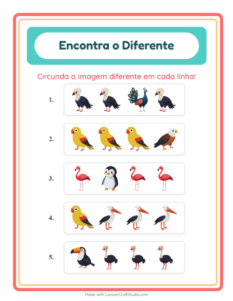 Pré-visualização da ficha de Qual É Diferente com Pássaros para Educação infantil (pré-escola, 5-7 anos)
