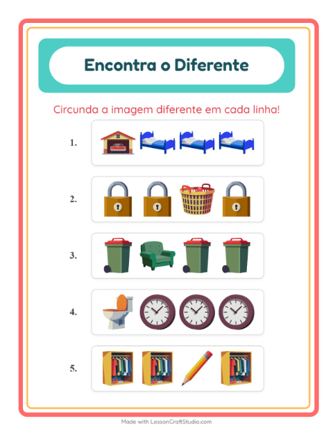 Pré-visualização da ficha de Qual É Diferente com Pela casa para Educação infantil (pré-escola, 5-7 anos)
