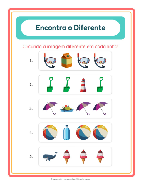 Pré-visualização da ficha de Qual É Diferente com Praia para Educação infantil (pré-escola, 5-7 anos)