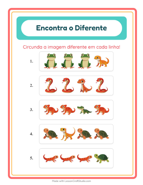 Pré-visualização da ficha de Qual É Diferente com Répteis e anfíbios para Educação infantil (pré-escola, 5-7 anos)